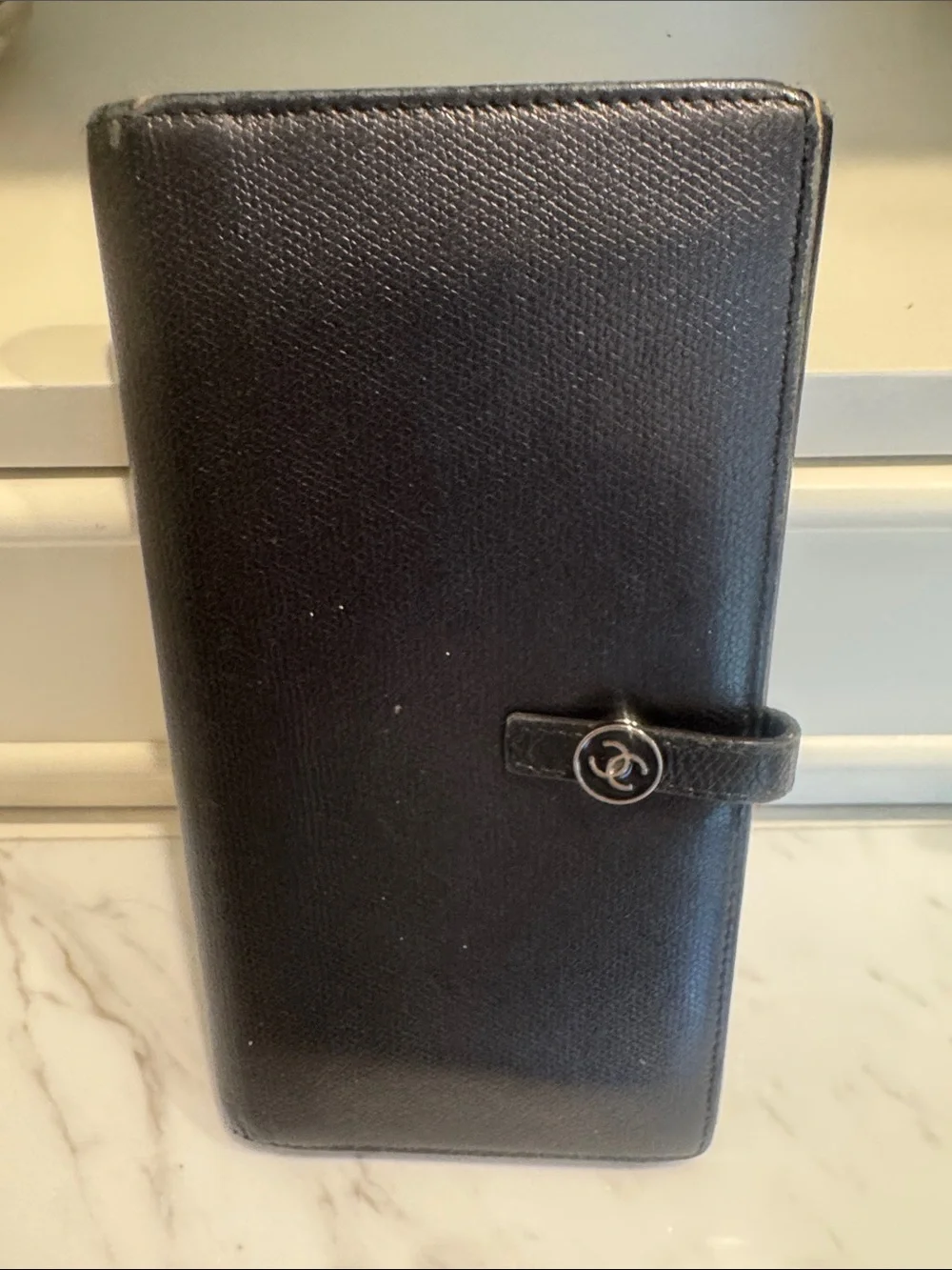 CHANEL Black Leather Long Wallet with CC Button Strap